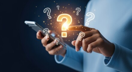 Woman using smartphone with question mark icons, representing online search, support, or frequently asked questions