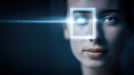 Futuristic Eye Scan Technology Concept: Biometric Security and Identity Verification on a Young Woman