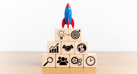 Business Startup Launch: Wooden Blocks with Strategy Icons Leading to Rocket, Symbolizing Growth and Innovation