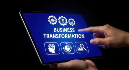 Business Transformation Displayed on Tablet Screen with User Touching Interface, Illustrating Technological Advancement and Innovation