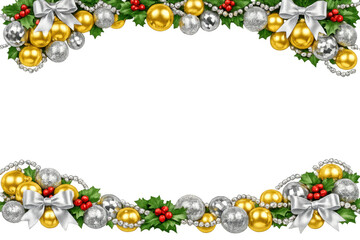Christmas holiday frame with festive golden and silver ornaments, shiny bows, and red holly berries, transparent background