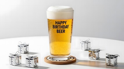 Glass of beer with "Happy Birthday Beer" text on the foam, surrounded by small silver gift boxes.