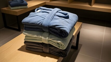 Stack of neatly folded blue and gray clothing items displayed on a wooden shelf in a retail store.