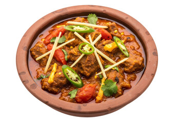 Fototapeta premium clay pot beef curry with peppers and cilantro - authentic indian flavor