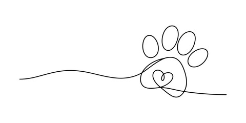 Continuous line art of a paw print featuring a heart shape for pet love Vector, illustration © Bobita