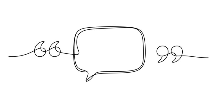 A continuous single line drawing of a speech bubble and quotation marks, isolated on a white background Vector, illustration