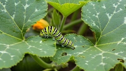 Black and yellow striped caterpillar resting on a large, vibrant green pumpkin leaf with a small flower.