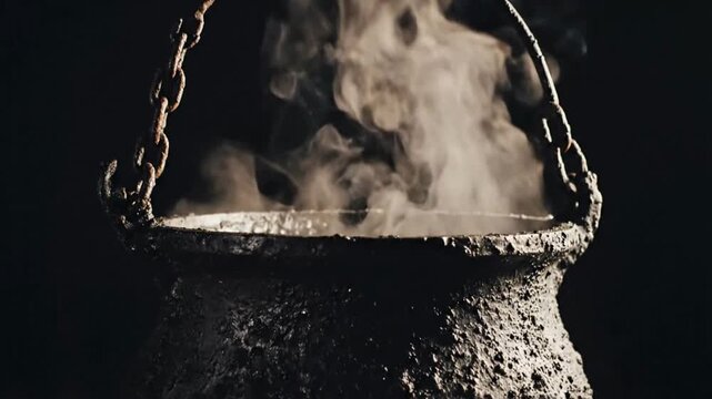Steam rising from a metal cauldron on a dark background.