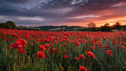 A vibrant field of red poppies blooms under a dramatic, colorful sky at sunset, creating a picturesque rural scene