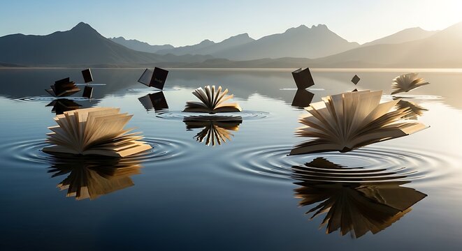 Open books floating on a serene lake with mountains in the background under a bright sky, creating a surreal and peaceful scene.