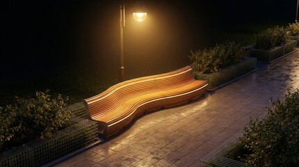 Curved wooden bench illuminated by streetlight at night  