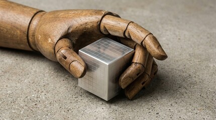 Human Hand Turning a Digital Metallic Cube, Control Over Artificial Intelligence Concept