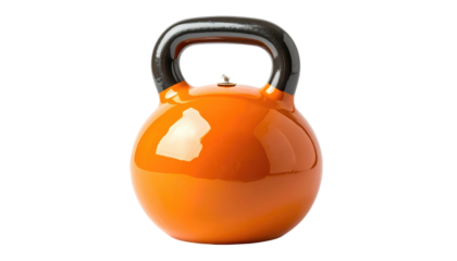 A vibrant orange, glossy weightlifting tool with a curved, black handle. Isolated on a transparent background, the equipment is ready for exercise