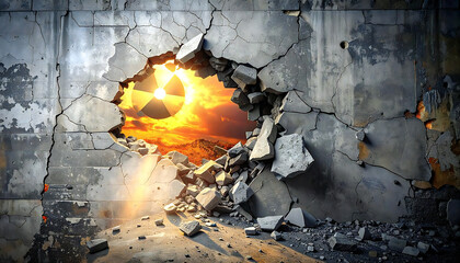 壊れた壁の穴から差し込む希望の朝日。Sunrise of Hope Through a Broken Wall.