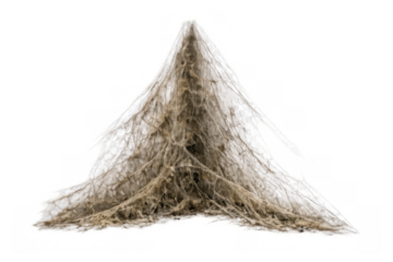 Dusty cobweb forming a cone-shaped structure, featuring intricate tangled silk strands on a transparent background
