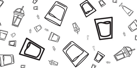 Illustrated Pattern of Various Drink Containers on a White Background
