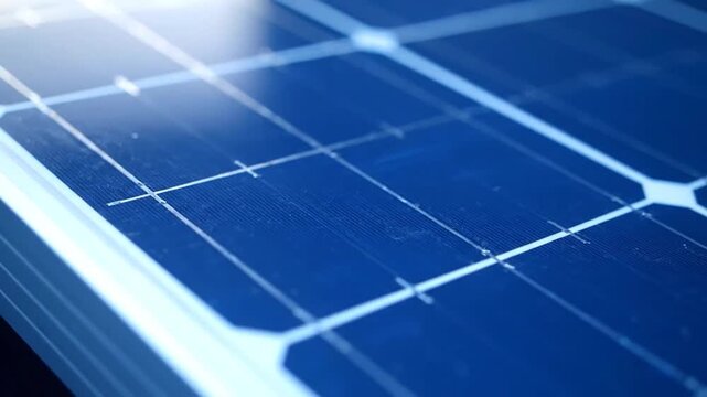 Close-up of a blue solar panel with a grid pattern and reflective surface