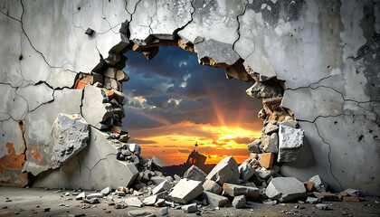 壊れた壁の穴から差し込む希望の朝日。Sunrise of Hope Through a Broken Wall.