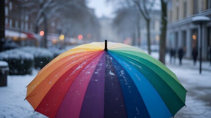 Obraz premium Rainbow umbrella under heavy snow in park. World meteorological day