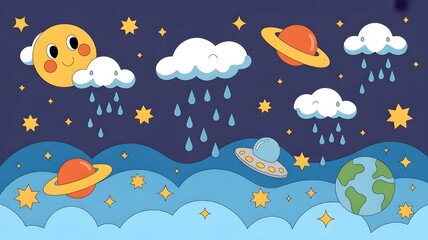 Celestial celebration for world meteorological day with planets, stars, and clouds. Horizontal banner. Copy space. Climate change concept. Global warming problem. Flat illustration