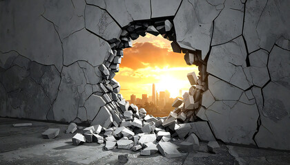 壊れた壁の穴から差し込む希望の朝日。Sunrise of Hope Through a Broken Wall.