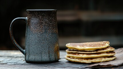 Rustic ceramic mug beside a stack of pancakes.