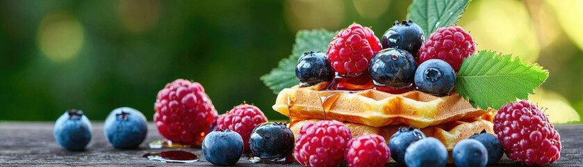 Delicious berries piled high on a waffle.