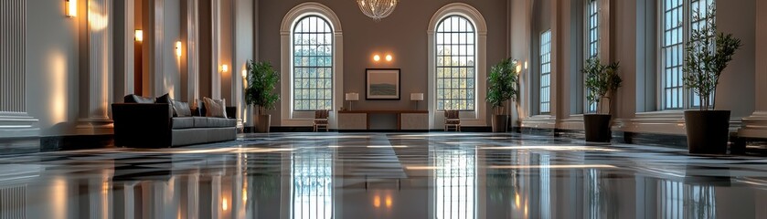 Spacious interior hall with polished floor and large windows.