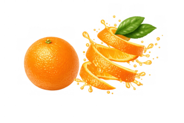 Fresh whole orange and juice splashing from spiral peel with green leaves, depicting zest and healthy citrus fruit