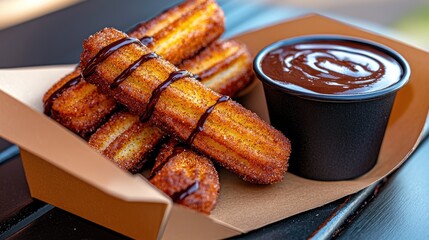 Golden fried pastries with chocolate dipping sauce.