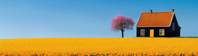 Peaceful rural landscape with a small house.