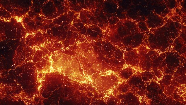 Close-up of molten rock with fiery orange and gold hues, cracks, fissures, and textures. The raw natural energy is intensely captured