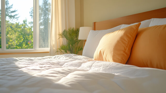 Soft sunlight cozy bedroom white bedding orange pillow wooden headboard morning light window view indoor plant minimalist decor clean linen. Soft sunlight warms cozy bedroom with white bedding