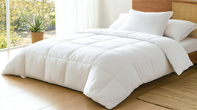 Crisp white bedding soft comforter cozy pillow minimal bedroom natural light wooden bed clean interior modern design serene mood tidy space with calm vibe