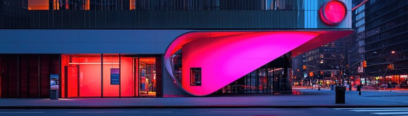 Modern building facade at night with vibrant hues.