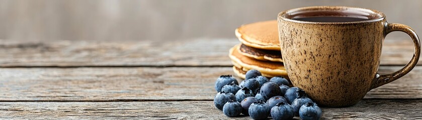 Stacked pancakes, blueberries, and a mug of tea on a rustic wooden table.