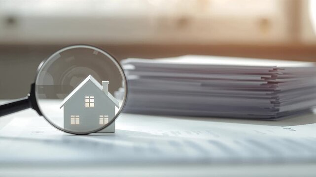 A magnifying glass and a house model on a desk in an office