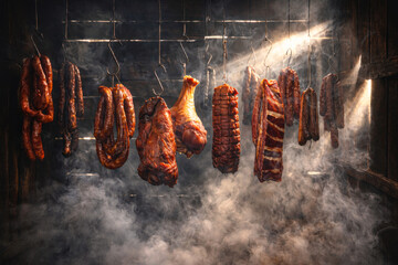 Smoked sausages and meat products hanging on hooks inside a dark smokehouse filled with smoke. Traditional food production atmosphere, artisanal cuisine, and rustic gastronomy.