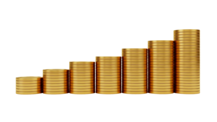 Watch your profits soar with this illustration of rising gold coin stacks against a black background showing financial growth