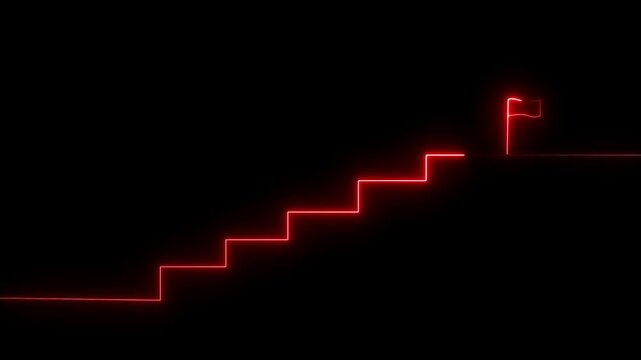 Glowing red neon staircase leading to a flag on a dark background representing ambition, progress, and the successful achievement of a desired objective