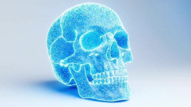 A blue-tinted skull with cracks and fractures, surrounded by splashes of blue particles and glowing lines