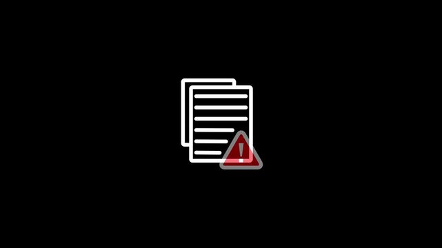 White outline of stacked documents with a red and grey warning triangle indicating an error or alert on a solid black background. Keywords: document error symbol, warning sign, alert notification