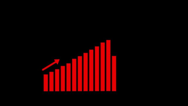 Red bar graph with a downward pointing triangle marker signifying a decrease or drop in values on a black backdrop, representing negative trends