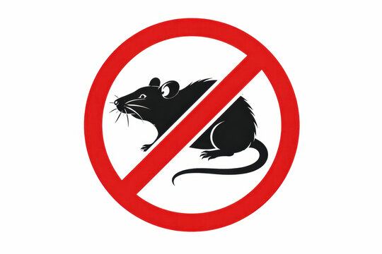 Prohibition sign with rat inside red circle and diagonal line on white background. Concept of pest control, rodent prevention, sanitation safety, warning and extermination services.