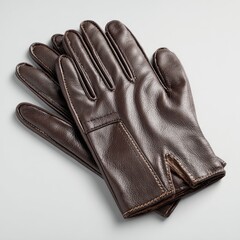 Close-up studio shot of a pair of brown leather gloves. The gloves are meticulously sewn, showing fine stitching details. They lie side by side