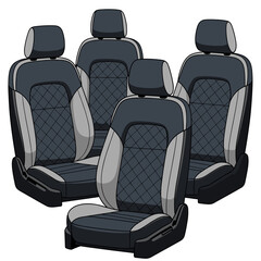 Fototapeta premium A comprehensive set of five stylized car seats, including front and back rows, featuring a consistent, modern quilted design pattern.
