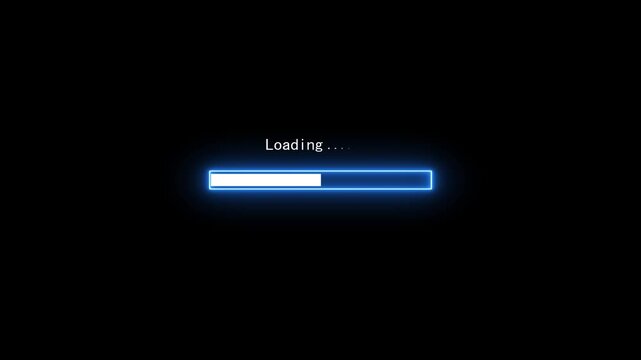 A bright blue neon glowing progress bar with the word Loading and animated dots against a stark black background signifying a digital process in progress or waiting state