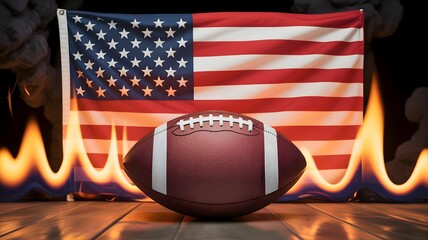 American football with usa flag and flames