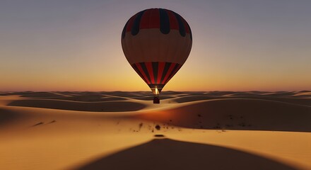 Obraz premium Hot air balloon flying low over vast desert dunes at golden hour sunset.