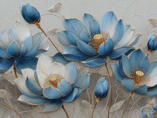 Close-up view of elegant, stylized blue lotus blossoms with golden accents and delicate stems against a subtle gray background